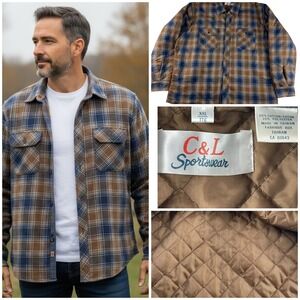 C&L Sportswear Mens Brown Flannel Quilted Lined Plaid Shirt Jacket Shacket XXL